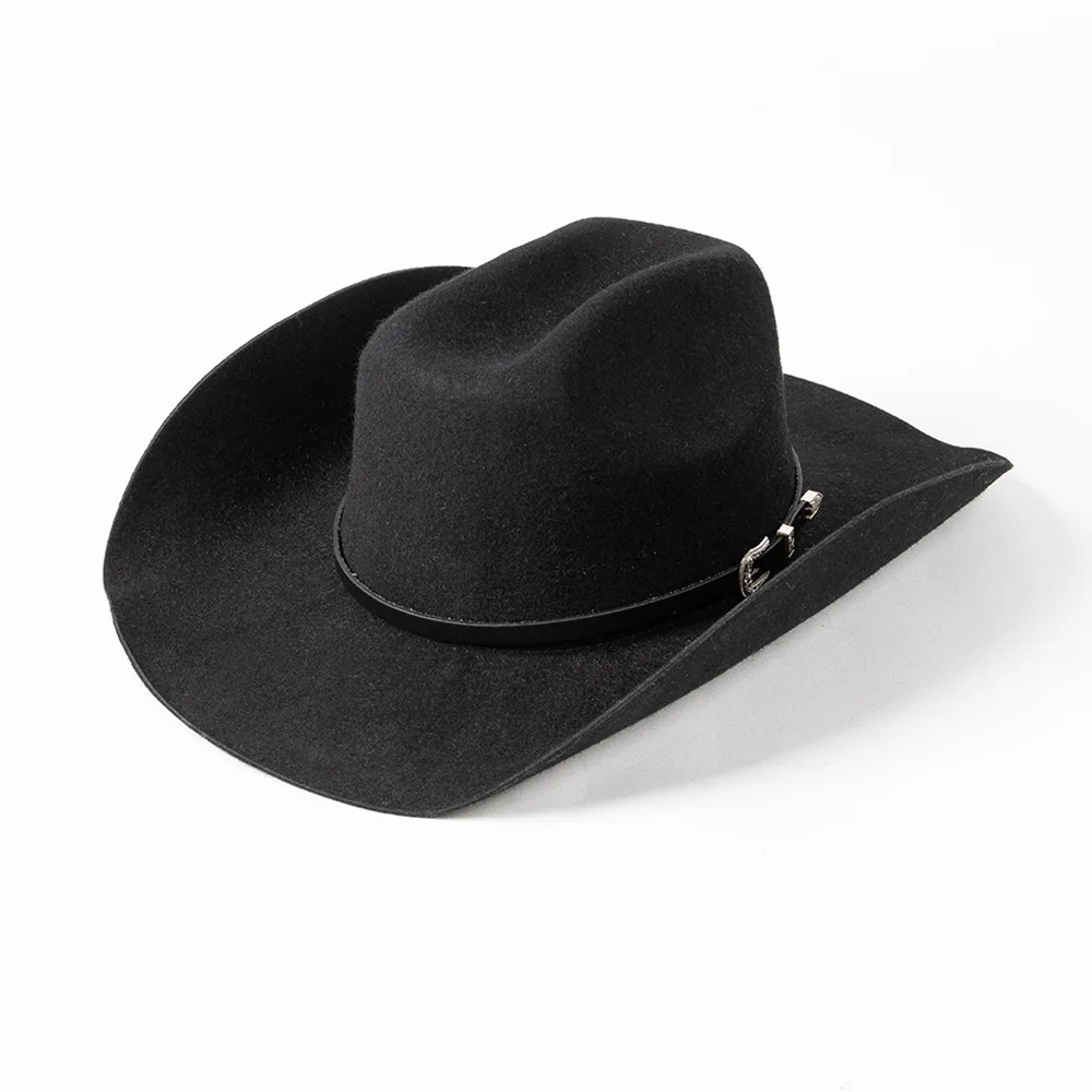 Unisex Trendy Outdoor Heattech Winter Casual Belt Buckle New Wool Felt Cowboy Hat Warped Edges Large Brim Fashionable Adults
