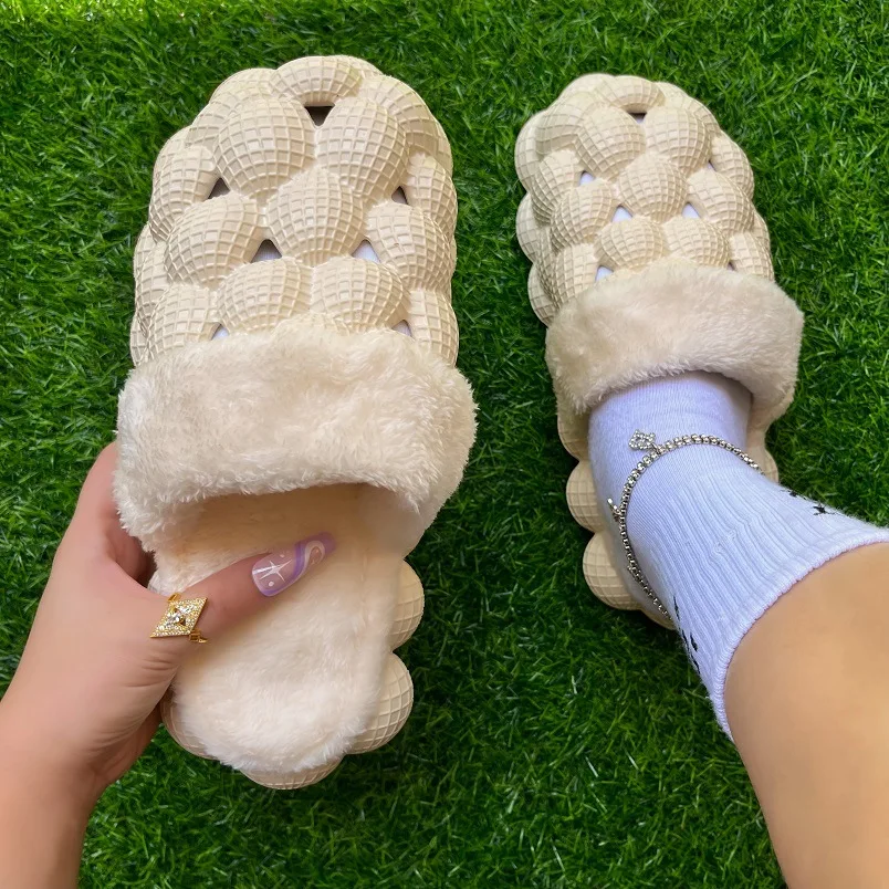 Fashion Fur Slides Slippers Indoor Home Winter Warm Luxury Lychee Ladies Bubble Slippers for Women