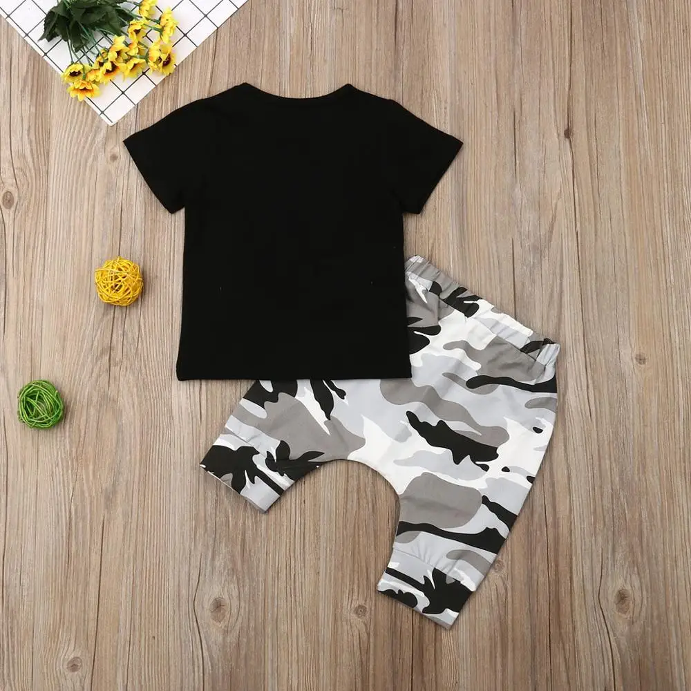 2019 new hot selling crown pattern camouflage pant two piece modern natural baby summer clothes for 1 year old boy