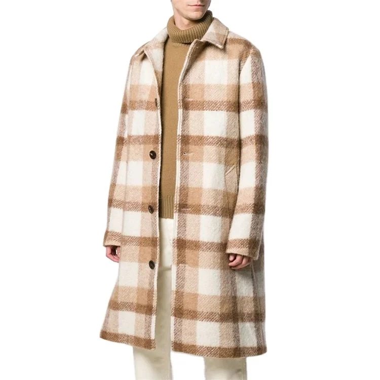 OEM custom embroidered print winter over tartan design faux fur fashion coat for men