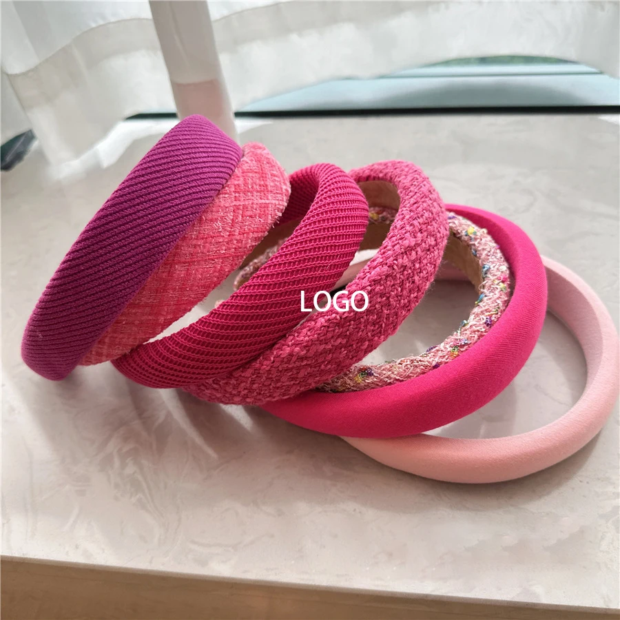 Catalog Famous Luxury Brand Designer Accessories Women Girls Wide Sponge Padded Hairband Thick Winter Tweed Fabric Pink Headband