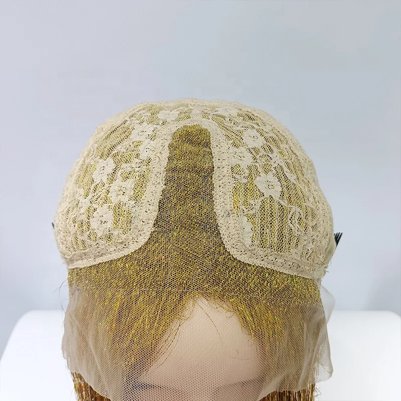 Wholesale High Quality Golden Full Tinsel Lace Front Wigs Long Straight Tinsel Hair Lace Wigs for Ladies Cosplay Party