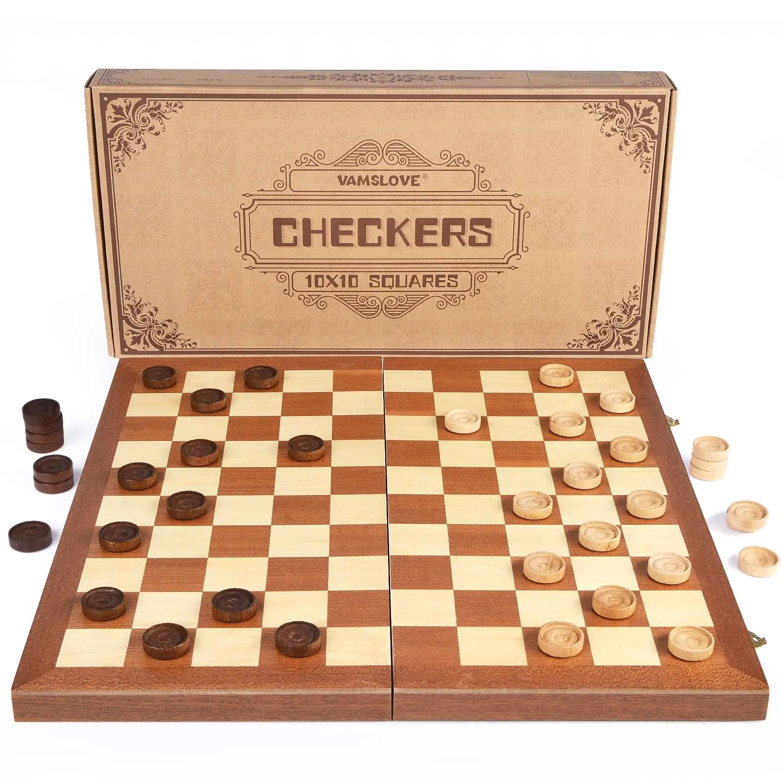 15inch Checkers Folding Wooden Game Set with Pieces Storage Slots ( Instructions Included )