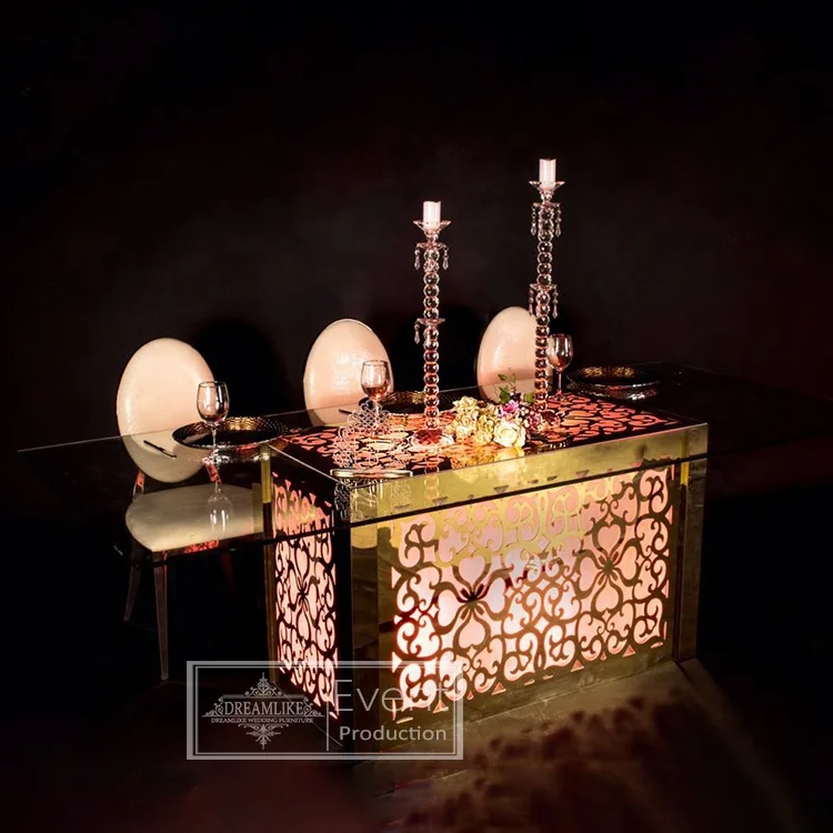 16 colors led lights glass top floral pattern stainless steel base party table and chair