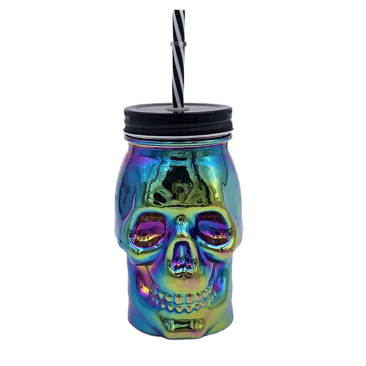 Electroplating Rainbow Color Skull Shape Glass Mugs with Lid and Straw Handy Cup Beer Cup for Halloween