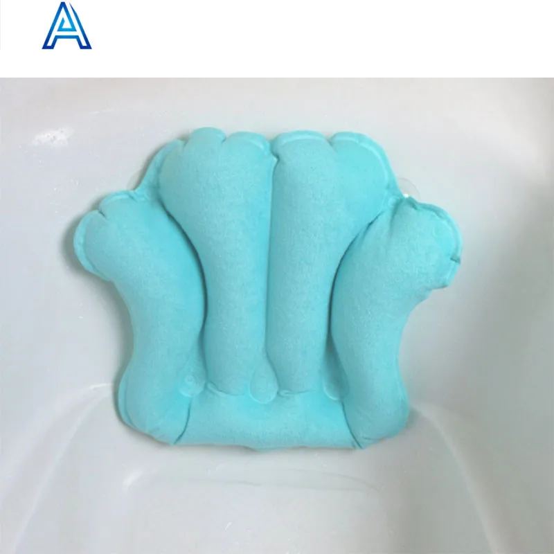 Cozy flocking vinyl PVC air blow inflatable fan shape back rest pillow for bathtub pillow bath shower pillow