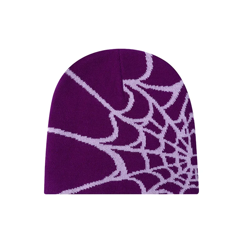 Good Sale Low MOQ Spider Web Pattern Beanie Caps Fashion Warm Knitted Winter Hat Custom Logo Jacquard Cuffless Beanie Hats