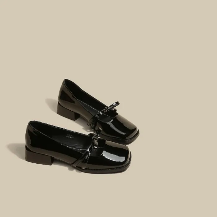 Handmade Women Mary Jane Shoes Patent Leather Low Heels Dress Shoes Square Toe Shallow Buckle Strap Girls Shoes