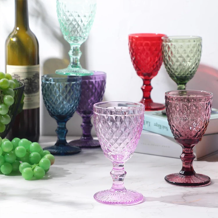 Wholesale Vintage Embossed Blue Wine Goblet Portable Food Grade Glass Water Cup Reusable Glassware Hotel Use Colored Wholesale
