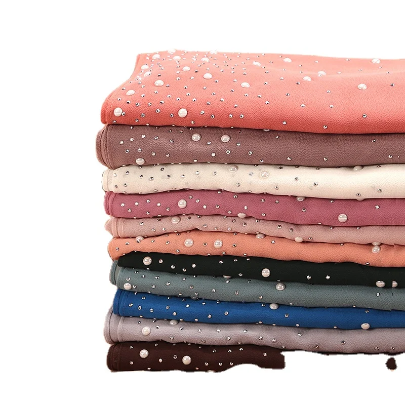 Explosive Hijabs  Headscarf Malaysia Hot Rhinestone Porcelain Headscarf Pearl Chiffon Material Headscarf Hijabs