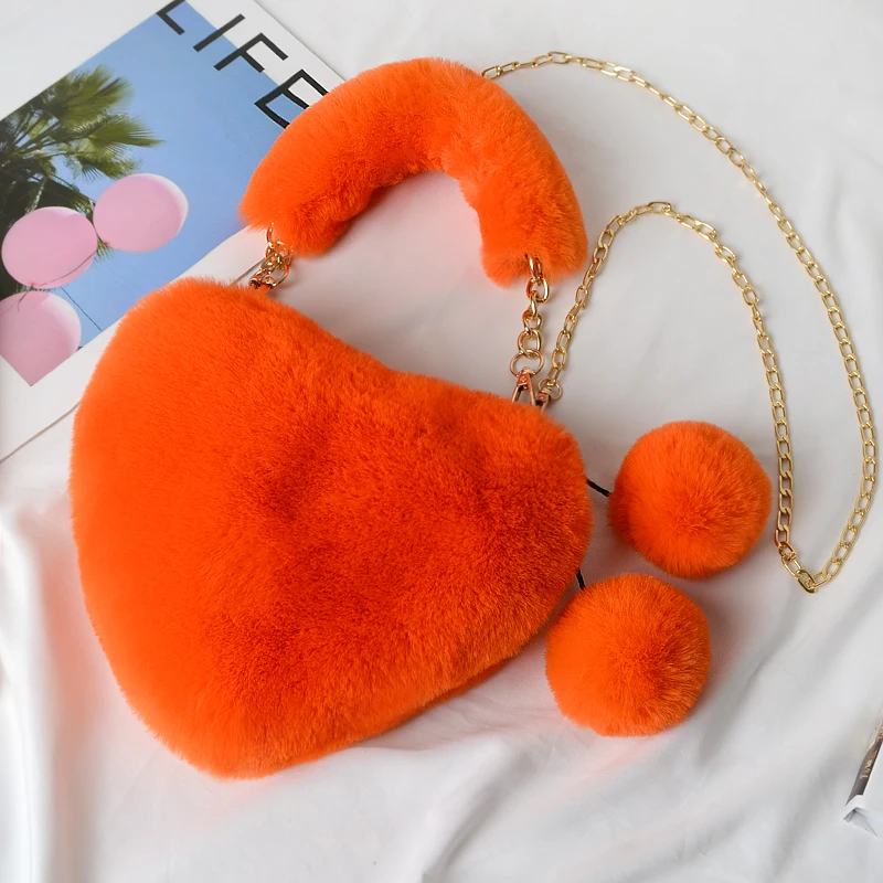 New designer lady fashion handbag cute plush heart fur bag for girls female furry love chain handbag