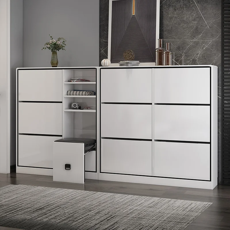 Modern simple black and white 6 door wooden storage cabinet with stool shoe rack