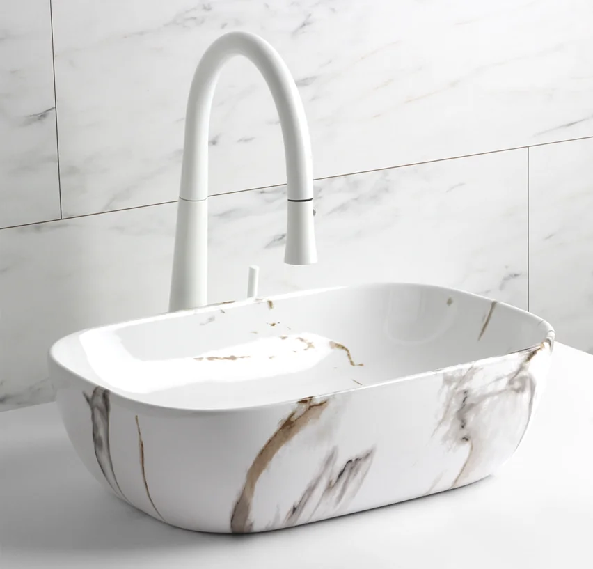 High Quality Modern Style Marble Pattern Rectangular Design White Ceramic Hand Wash Basin Sink