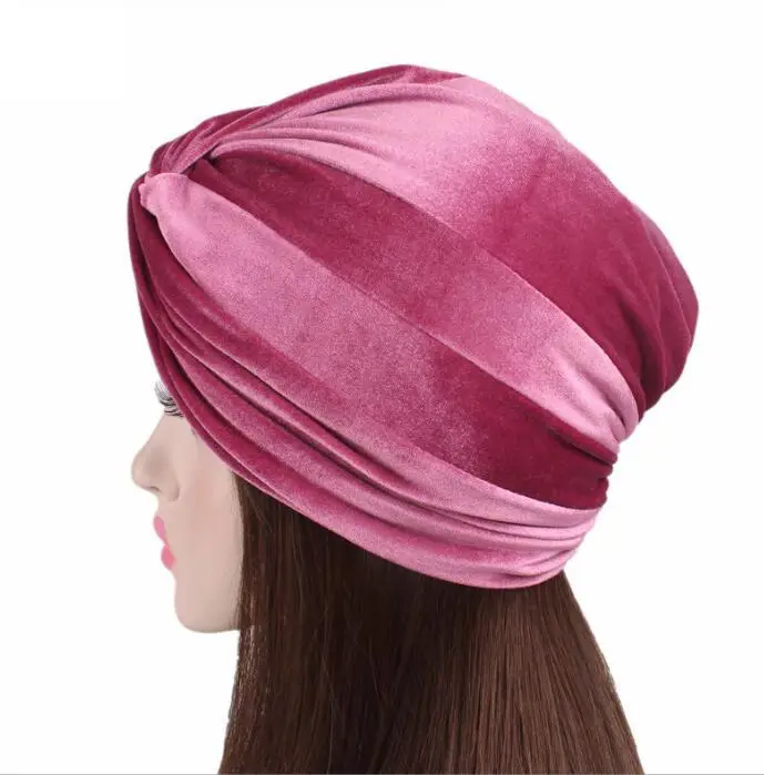 ecowalson  Fashion Casual Stretch Velvet Headwrap Turban Hat Women Muslim Chemo Cap Vintage Female Beanies Bonnet femme