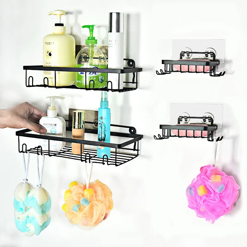 New Wall Mounted Shower Caddy Bathroom Organizer Toilet Shelves Rack Accessories Set Black Self Adhesive Towel Shelf For Storage