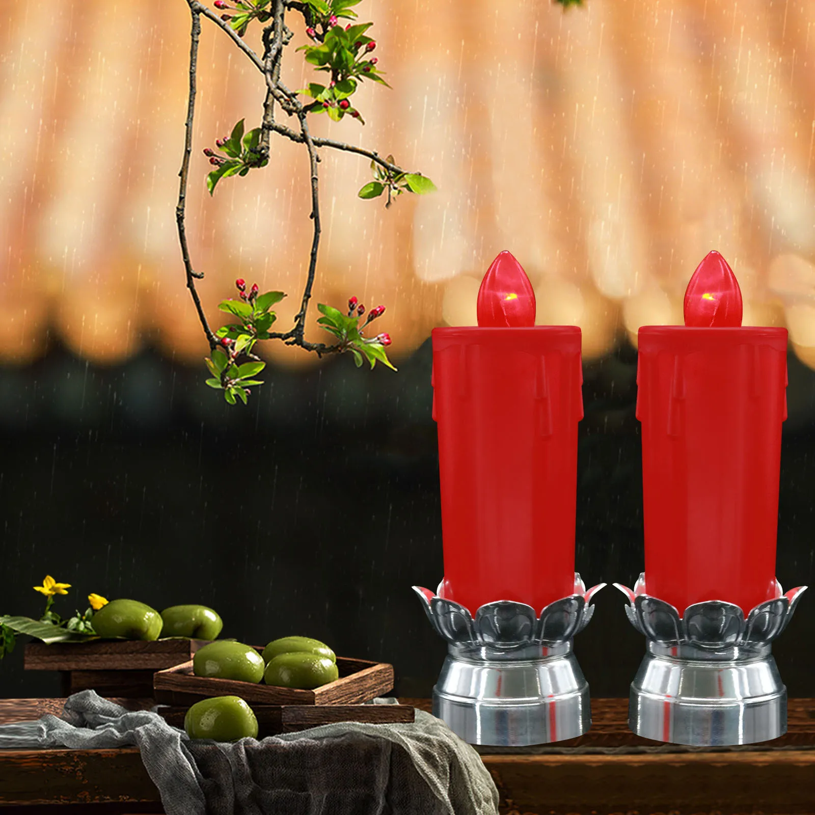 Grave Memorial Red Flickering LED Lotus Candle Holder Light Religious Batteries Flameless Cemetery with Base
