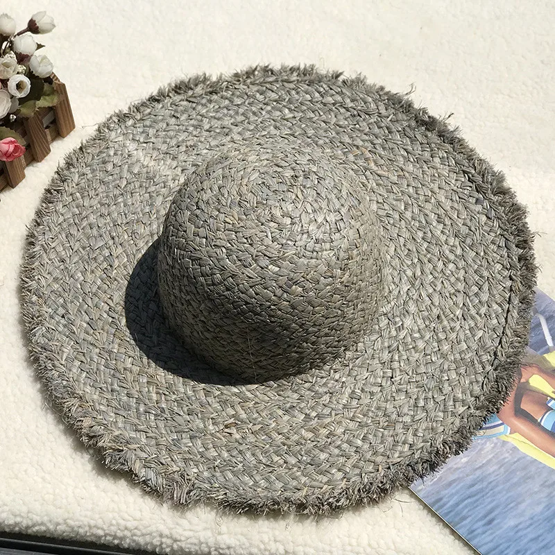 
Wholesale natural Lafite grass sun protection big eave beach edge color dome hat 