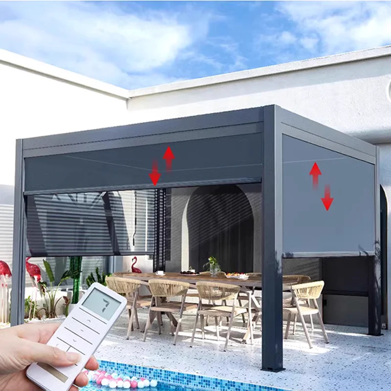 Windproof Waterproof Outdoor Roller Blinds Patio Sunshade  Automatic Motorized Indoor Breathable Aluminum Pergola Zip Screen