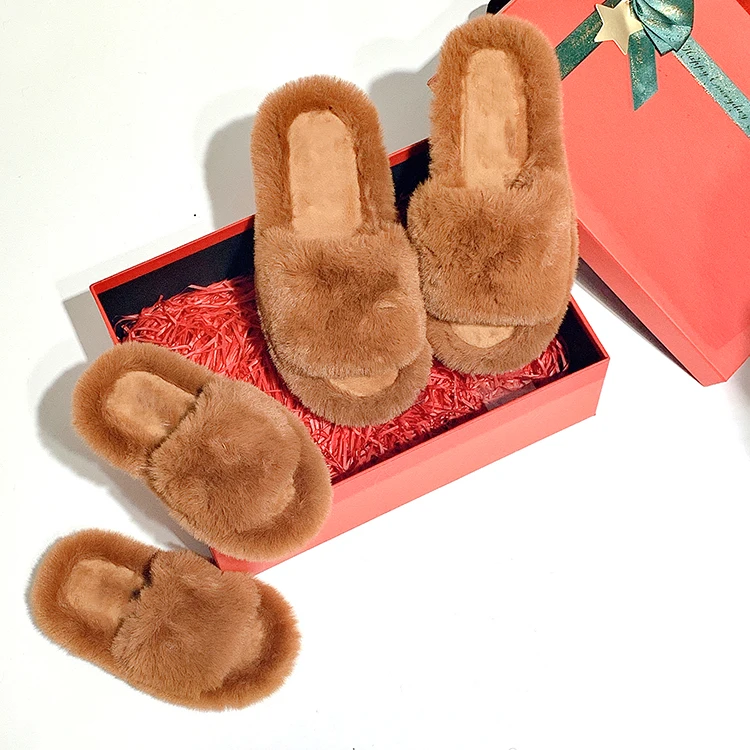 New Fashion Cute Fluffy Soft Imitated Rabbit Fur Unisex Kid Custom Logo House Mommy and Me Slippers