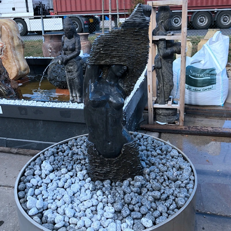 Factory Decoration Landscaping Design Waterfall Figure Statue Sculpture Black Marble Nude Woman Fountain