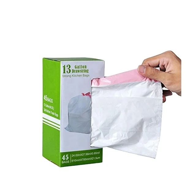 HDPE Plastic Draw Tape Garbage Bag For Trash Household Waste Bags Customised Plastic Packaging Bags
