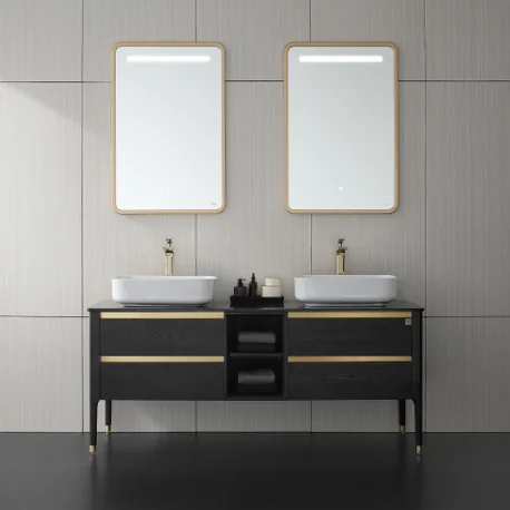 Double sink bathroom vanity with gold hardware