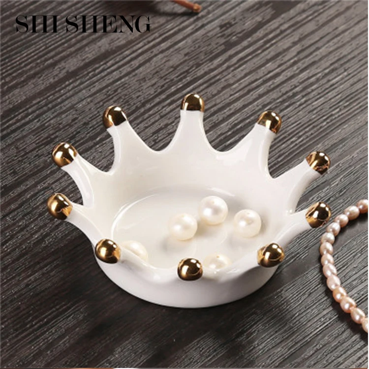 SHI SHENG Trinkets Tray Display Ceramic Crown Shape Jewelry Ring Holder Dish Plates for Desktop Ornaments Decoration Crafts