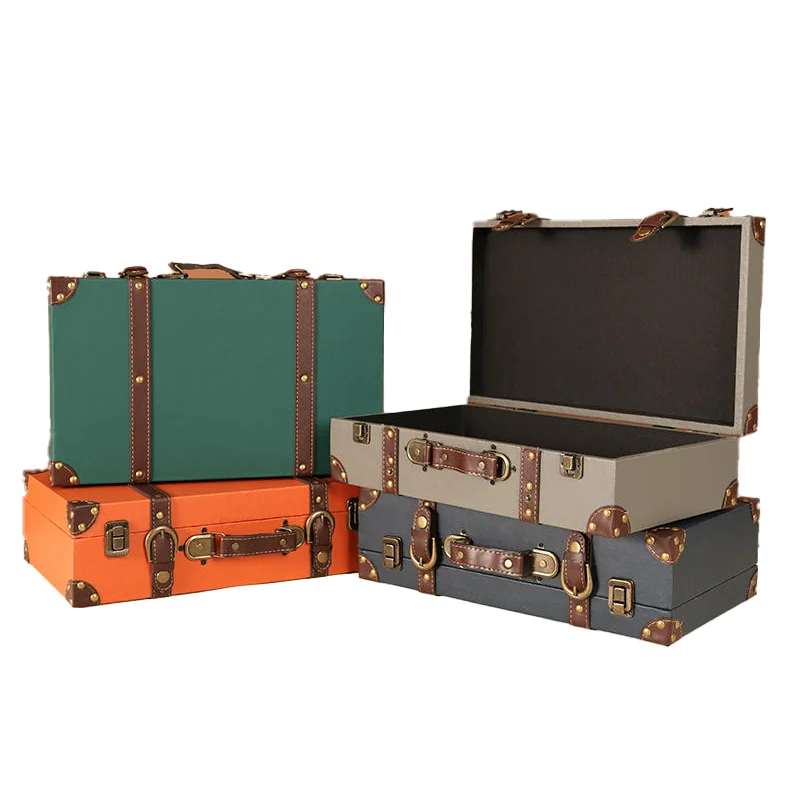 Leather decorative chest luggage memory boxes stuff storage trunk vintage wooden suitcase with buckle lock