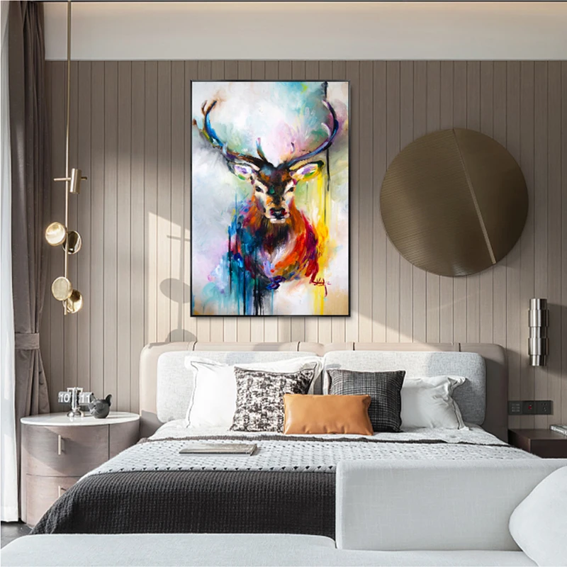 Pure hand-painted oil painting sika deer simple living room decorative painting light luxury door porch hanging paintings