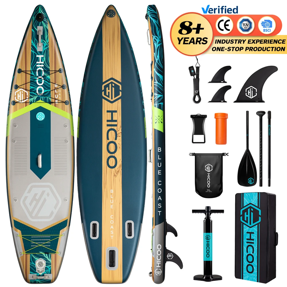 PF OEM wholesale inflatable stand up board double layer soft top surfboard wood surf race sup board with surf accessories