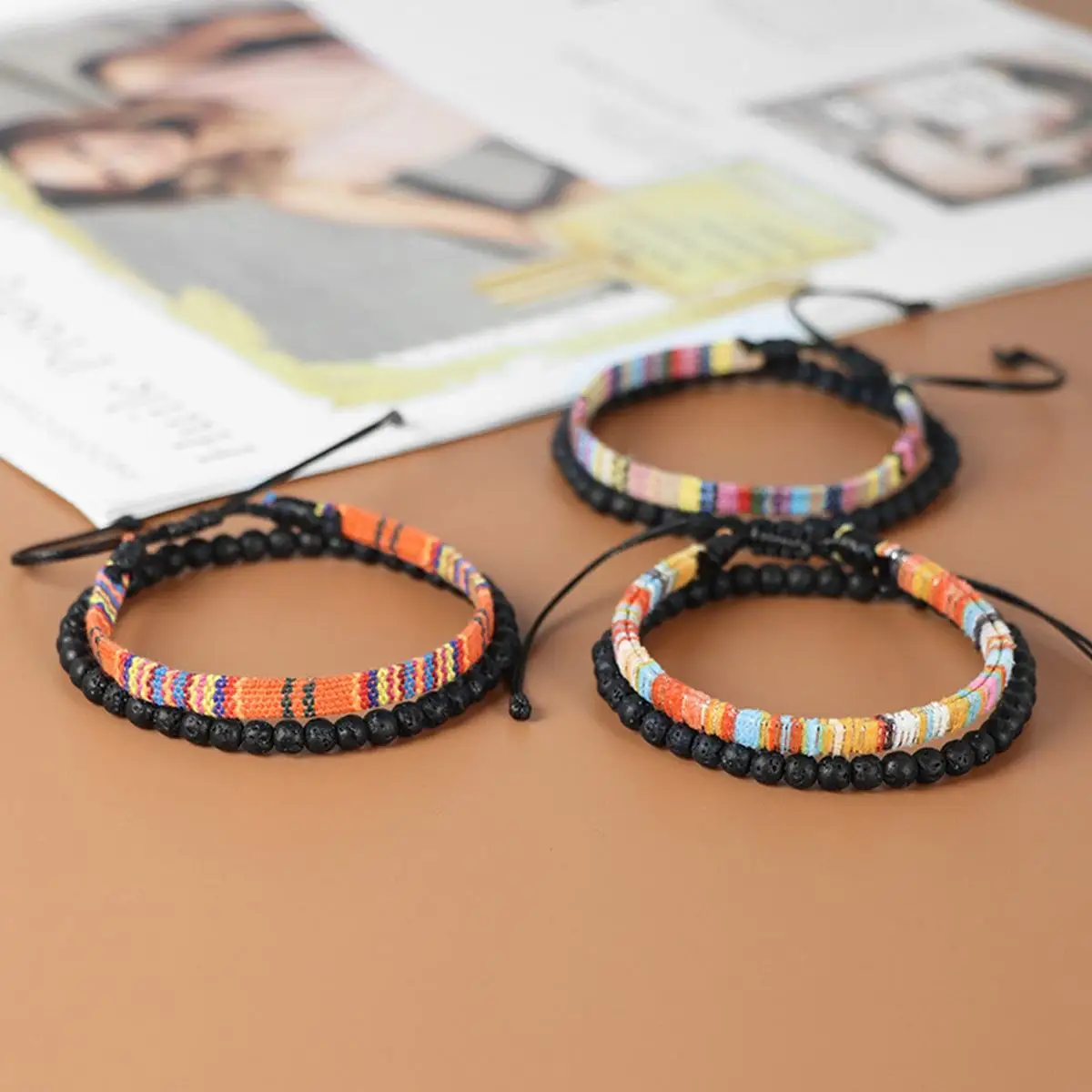 2 Pcs Set Bohemia Style Handmade Woven Tape Bracelet with 4mm Lava Stone Beads Charm Bracelet for Men and Women