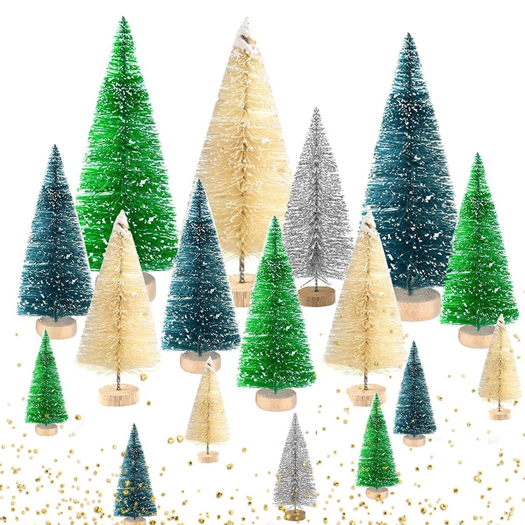 Handmade Winter Snow Ornaments Green Ivory Gold Mini Bottle Brush Christmas Tree Set