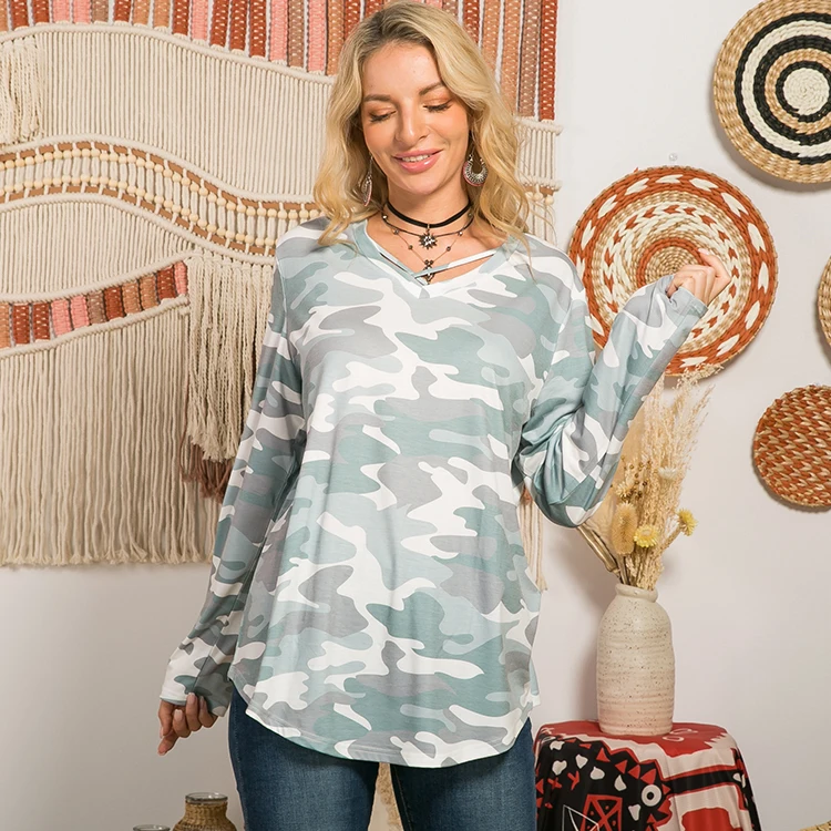 Новый стиль, женская обувь в наличии с камуфляжным принтом, большие размеры, футболка с длинными рукавами для девочек топ,