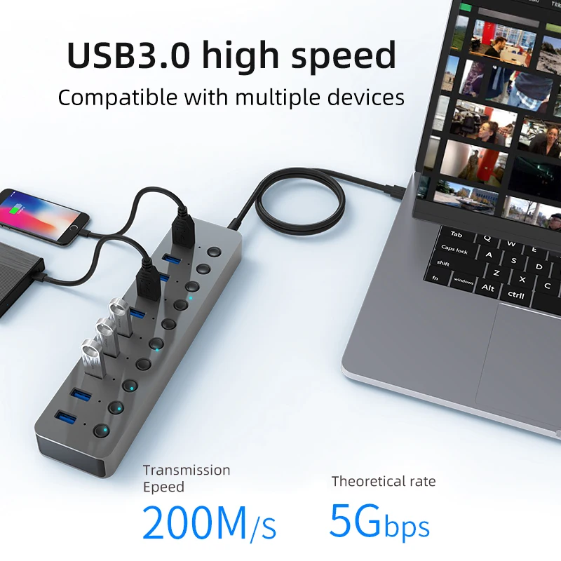  Алюминий 10 порт USB 3 0 концентратор с переключателем высокой скорости док-станция Usb разветвитель для мобильных телефонов