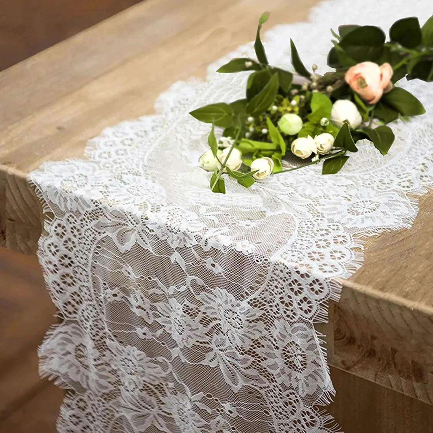 Luxury White  Exquisite Bridal Decor Rustic Boho Rose Overlay Floral Lace Table Runner For Wedding Party