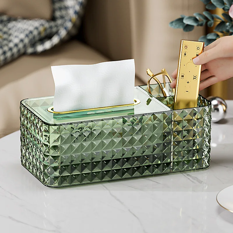 Luxurious transparent multifunction home living room desktop coffee table storage paper tissue box with storage grid