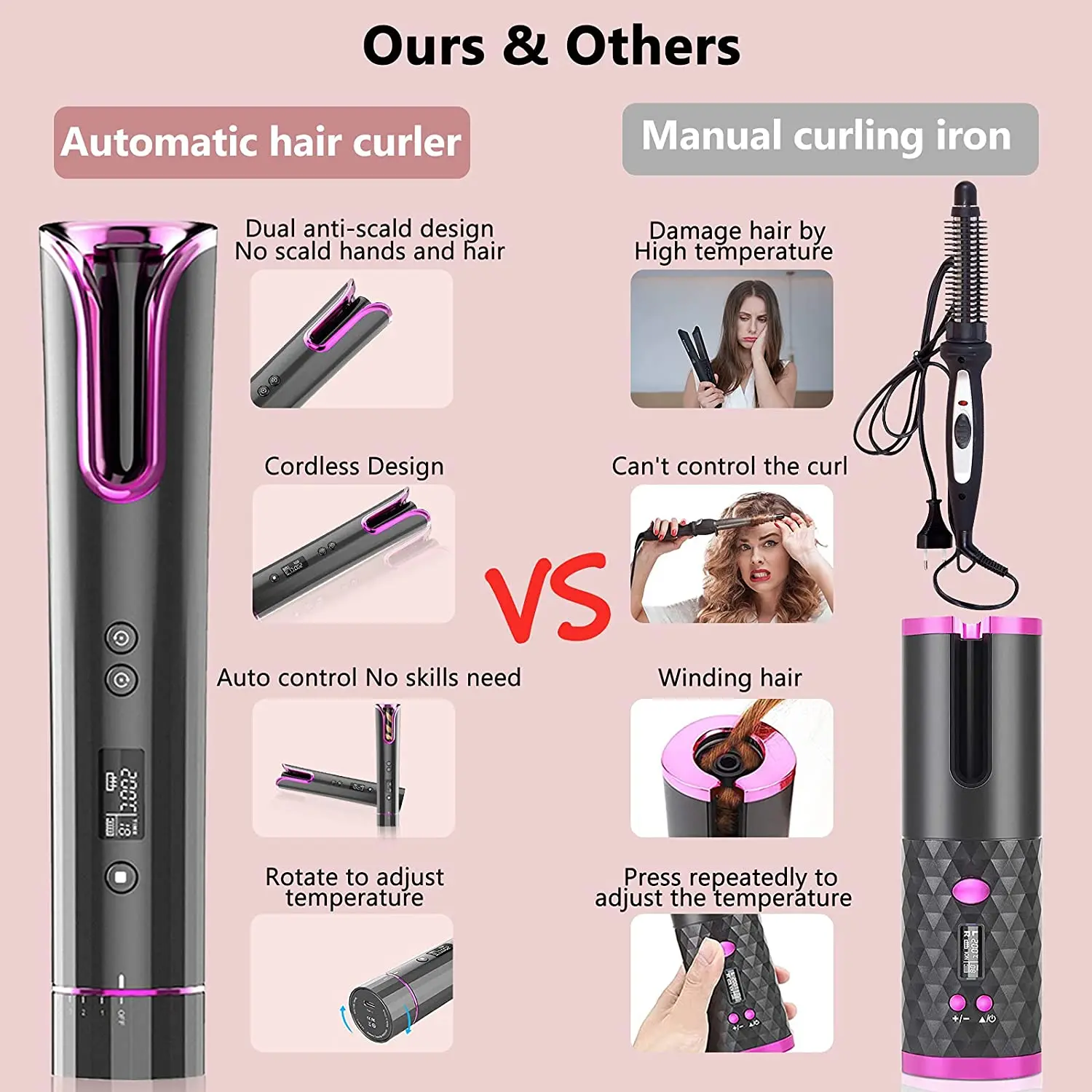 Portable Curling Wand Pro Hair Curl Curler Spinning Automatic Cordless Hair Curler Hair Curling Iron