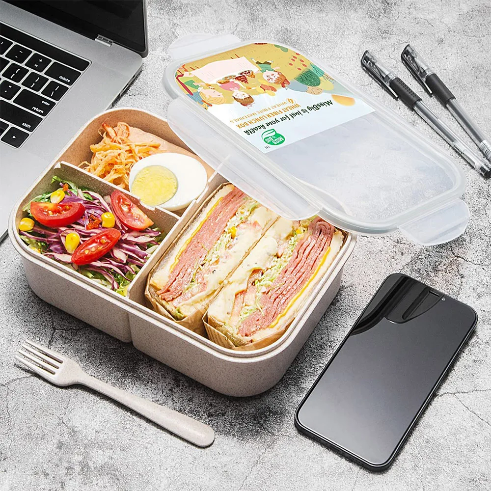 Leak-Proof Lunch Containers No BPA Microwave Dishwasher Safe Bento Box Plastic Lunch Box Wheat Fiber Thermal Lunch Box for Kids