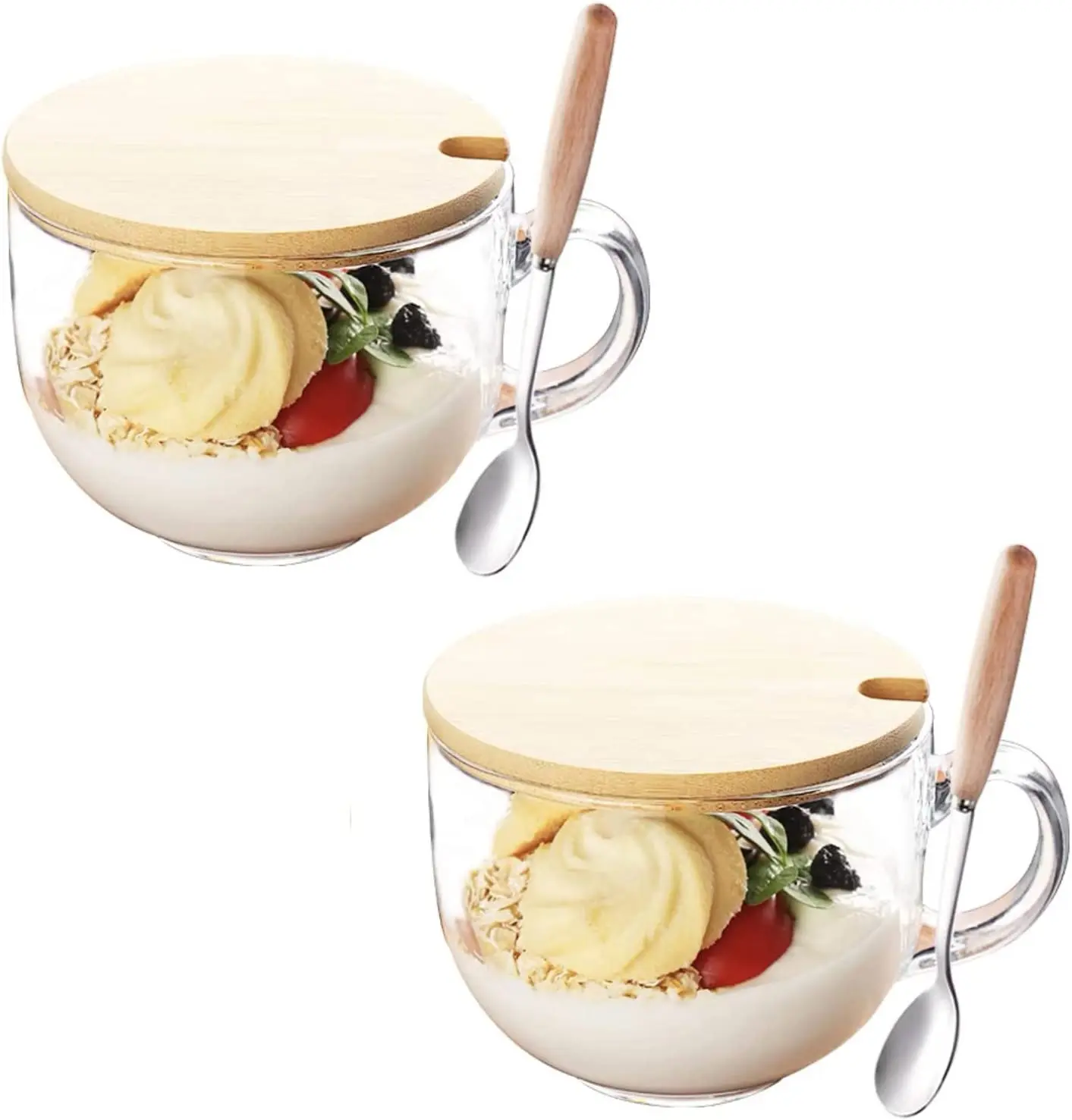 Glass Cup 16 OZ Clear Coffee Mug with Lids Spoon for Breakfast Tea Milk Beverage Oats yoghurt