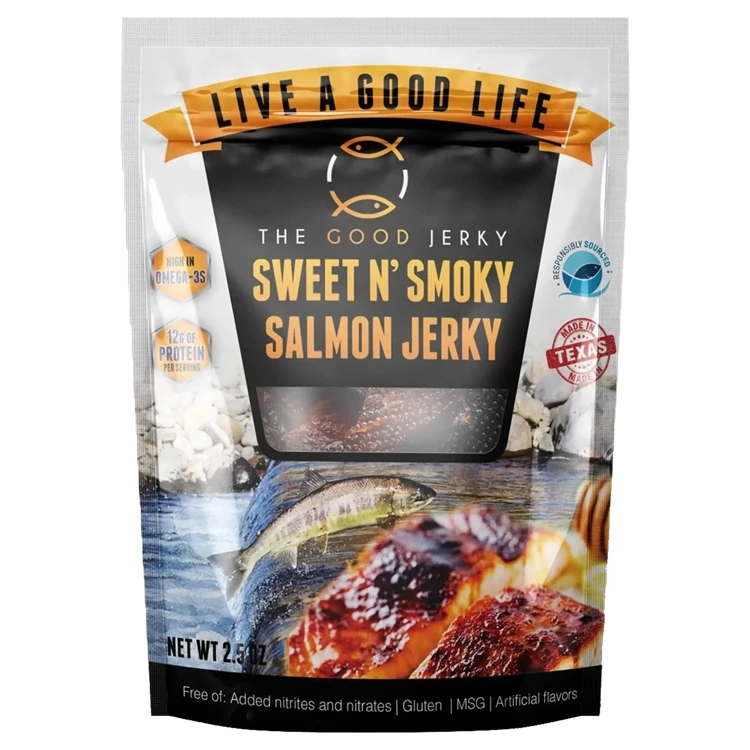Custom Stand Up Pouch For Wild Salmon Jerky Packaging Reusable Meat Snacks Bag Moisture Proof Pet Treats Packaging