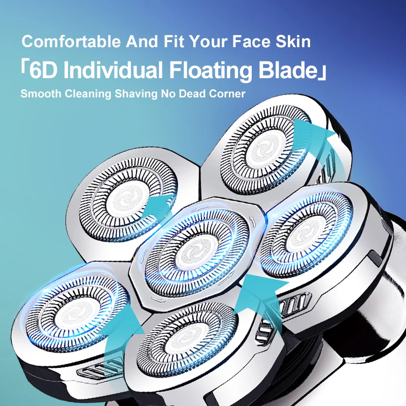 silver baldheaded razor machine with 6 head USD portable 6D individual floating blade electric shaver
