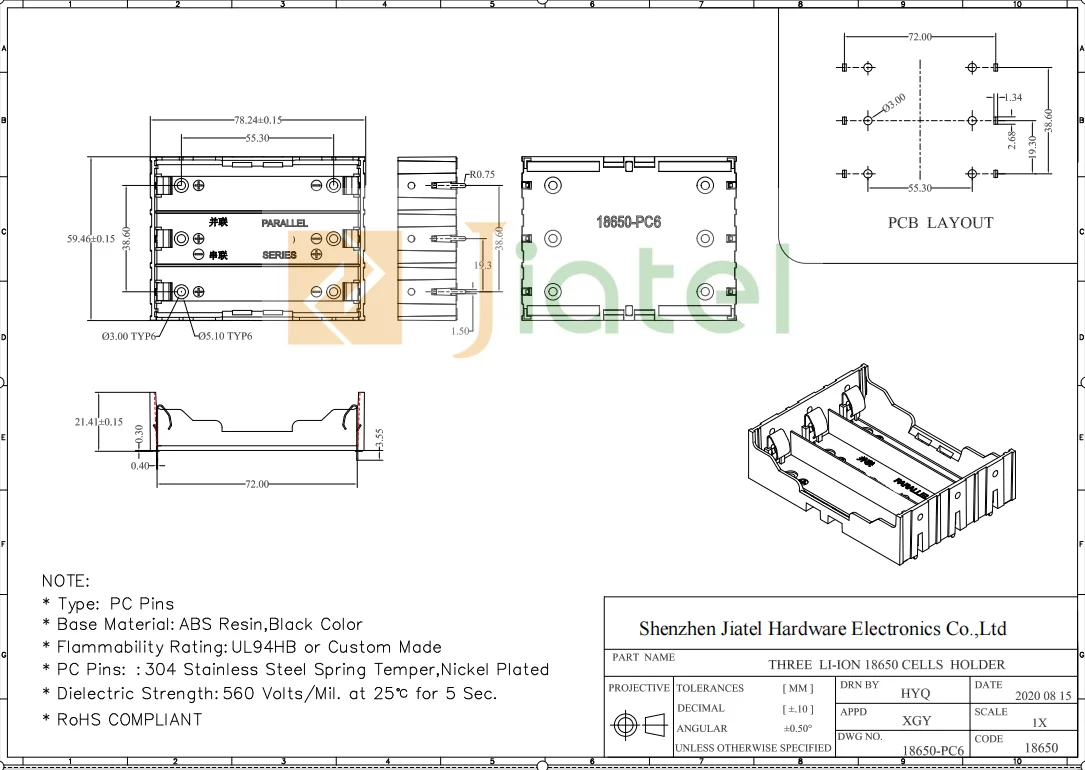 with Datasheet High quality black ABS Battery box case 3 slot Li-ion 18650 battery holder