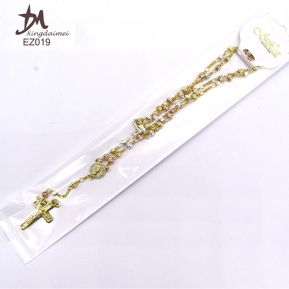 Z019 gold  rosary necklace wholesale three colors Zircon religious jewelry rosary beaded necklace