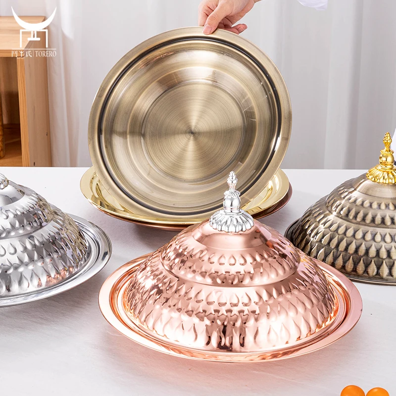 Gold Dinner Plate Hotel Buffet Plate Restaurant Tableware Banquet Food Plate Dish Stainless Steel Round Serving Tray With Lid