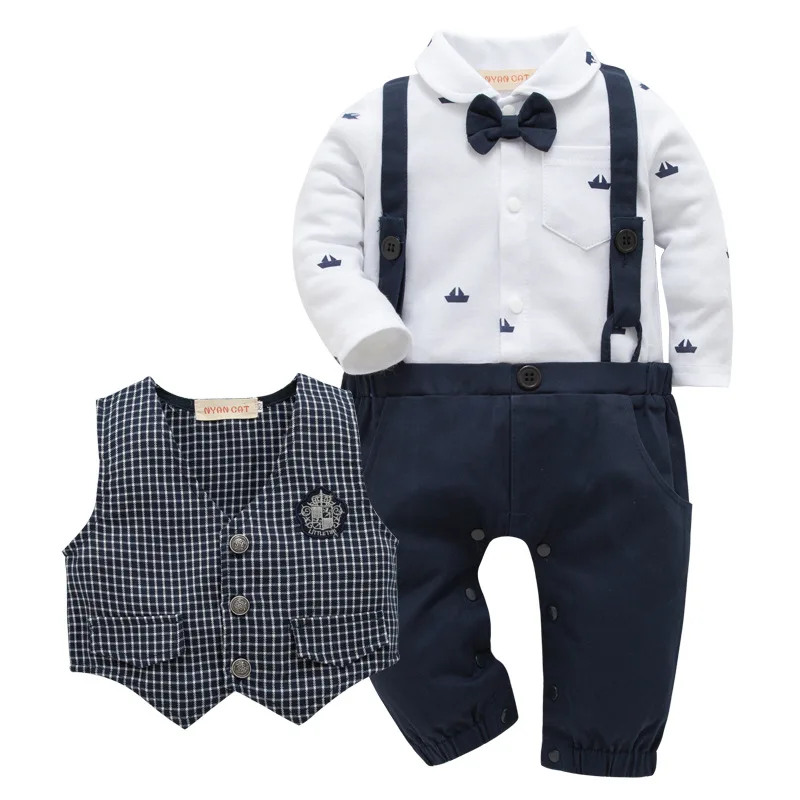 Newborn Baby boys gentle Clothing Set long sleeves cartoon printed shirt romper pants top + plaid vest suit outfits Clothes set