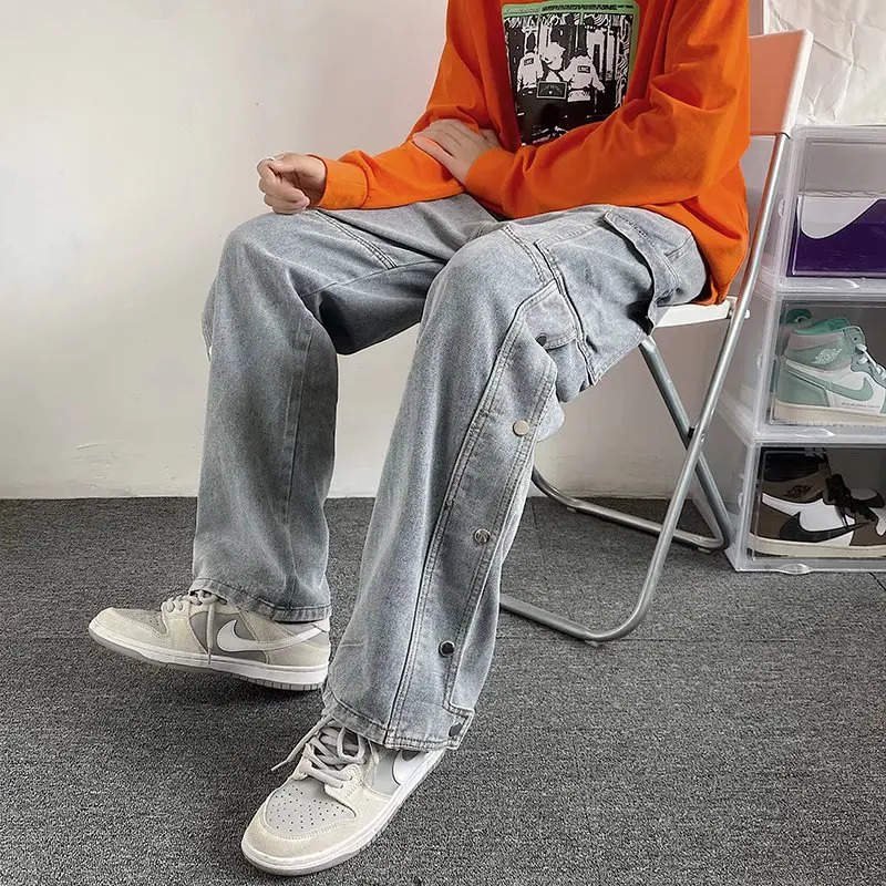 High Street Style Denim Cargo With Side Pocket Jeans Vintage Straight Wide Leg Jeans Loose Jeans