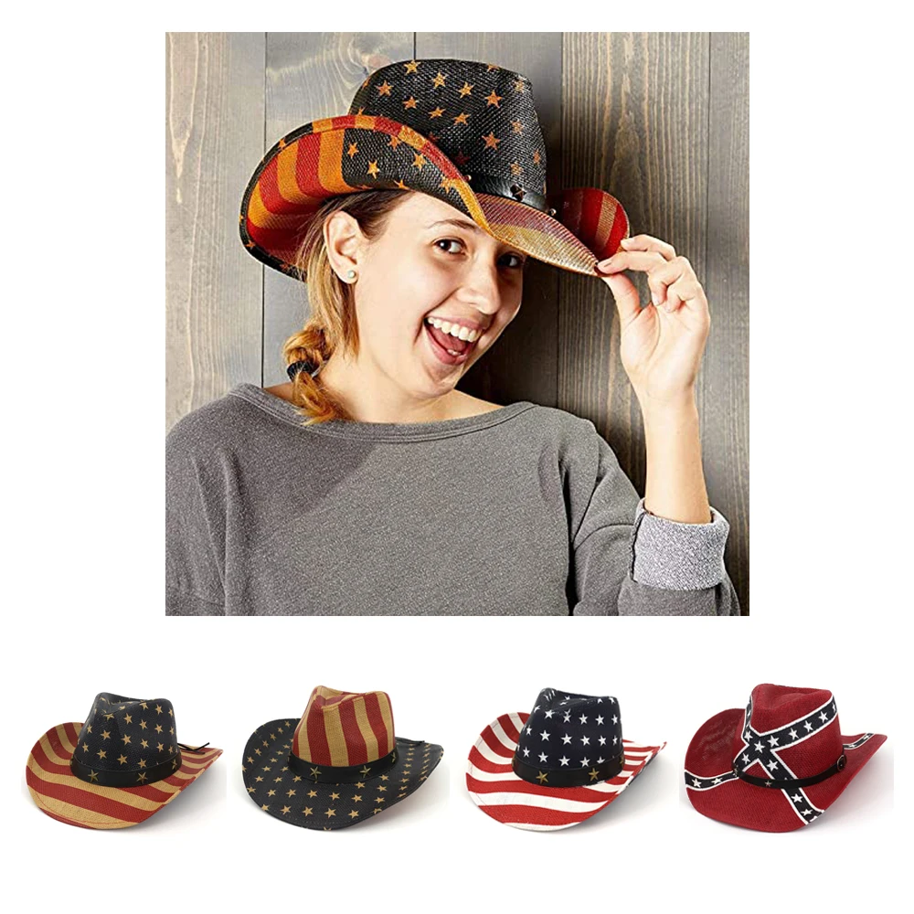 Модная Праздничная забавная шляпа от солнца на День независимости, ковбойская шляпа унисекс с западным и американским флагом (1600363937976)