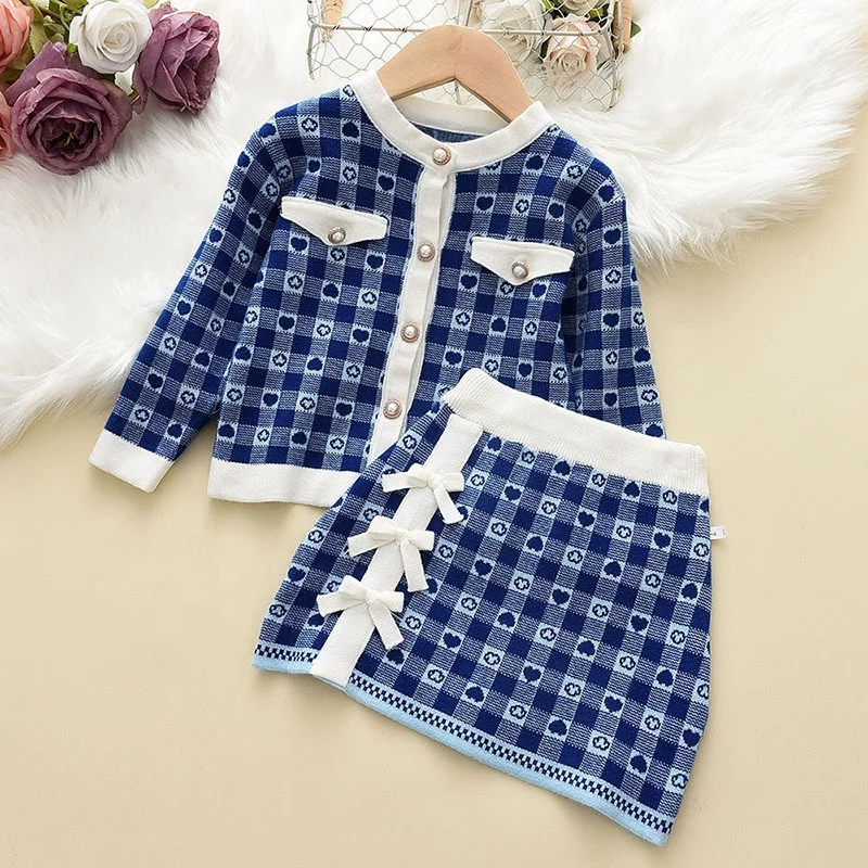 2023 Girls Long Sleeve Kids Sweaters Plaid Kids Wear Knitted Cardigan and Skirt Clothing Suit for Children Baby Girl Sets