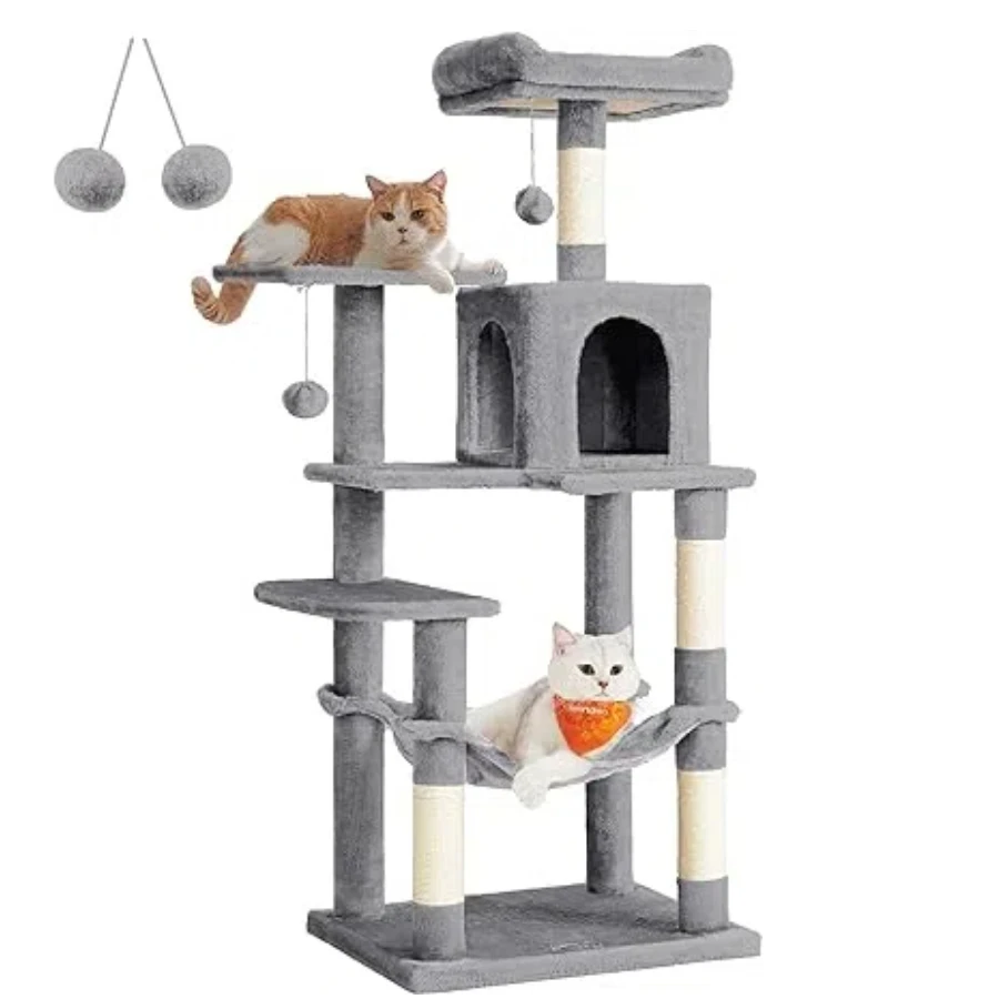 Factory Cat Scratching Post 143 cm High Multi-Tier Cat Tree with 4 Scratching Posts 2 Platforms Hammock Cave