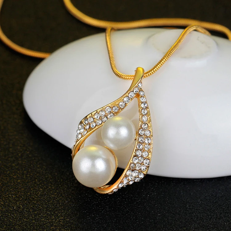 
2021 newest gold filled necklace shinny Rhinestone with Pearl Jewelry set necklace ring and earrings jewelry set for party 